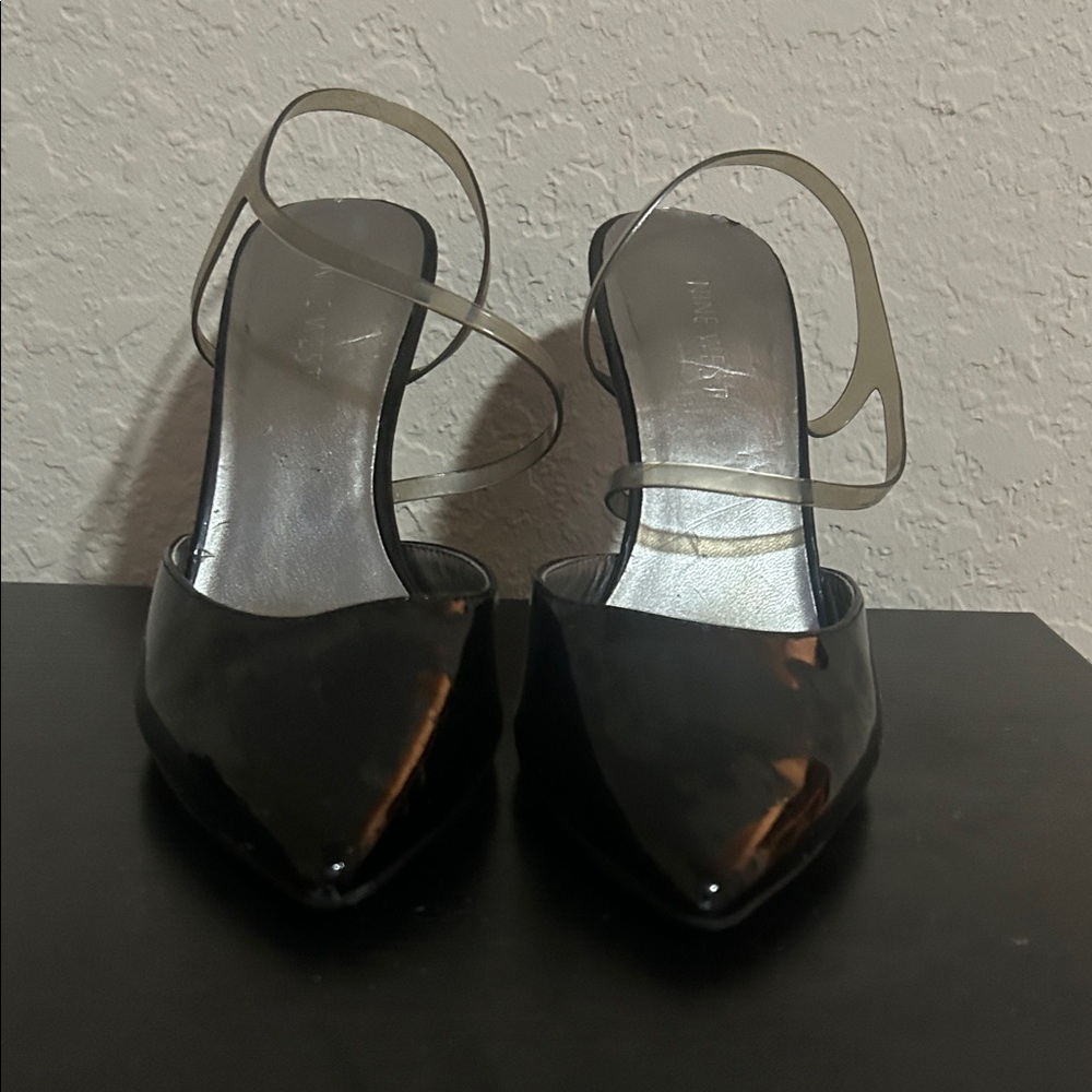 Nine West Black Patent Pointed-Toe Clear Strap Slingback Heels